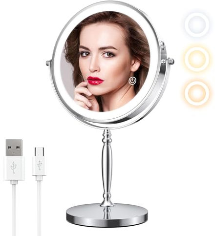 Matekxy 8 Makeup Mirror with Lights, 1X/10X Magnifying Rechargeble Double Sided Standing Vanity Mirrors with 360°Rotation|3 Colors Brightness Adjustable|Touch Sensor Dimming-Silver