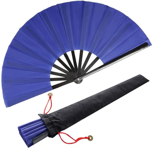 Pack of 2 Large Foldable Silk Hand Fans, Chinese Tai Chi Folding Hand Fan, Nylon Cloth, Chinese Kung Fu Fan with Holder Sleeves for Performance Dance Decorations Festival (Blue)