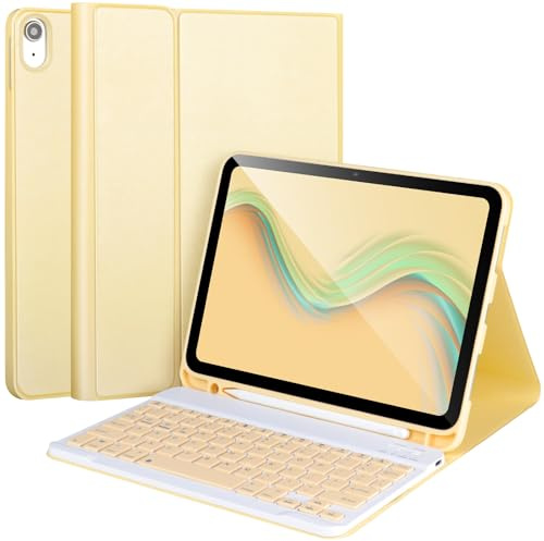 AHYWTAN Tastaturhülle für iPad 10. Generation 2022, Tastaturhülle für 10,9 Zoll 2022 mit abnehmbarer kabelloser Bluetooth-Tastaturhülle mit Stifthalter (Gelb, 10,9 Zoll)