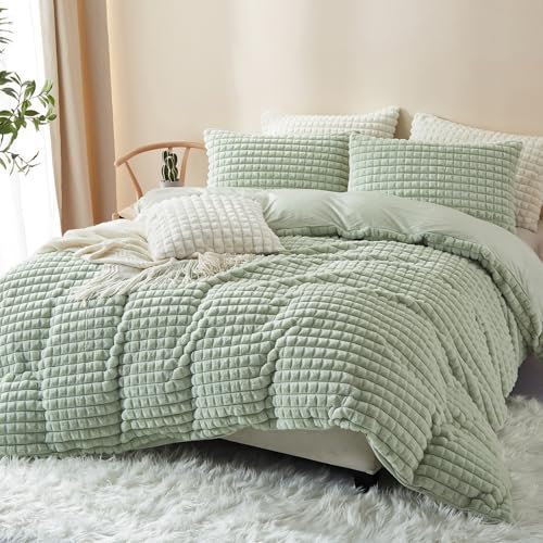 Freyamy Plüsch Bettwäsche 135x200cm Olivgrün Grün Flauschig Kunstfell Winterbettwäsche Warme Flanell Fleece Deckenbezug Samt Biber Cashmere Touch Bettbezug mit Reißverschluss und 1 Kissenbezug 80x80cm