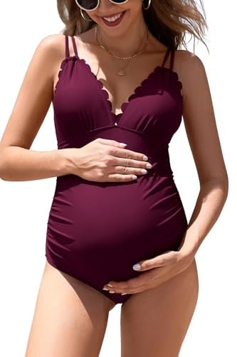 SHEKINI Maternity One Piece Swimwear Scalloped Swimsuit V Neck Ruched Pregnancy Bathing Suit Cutout Tie Back