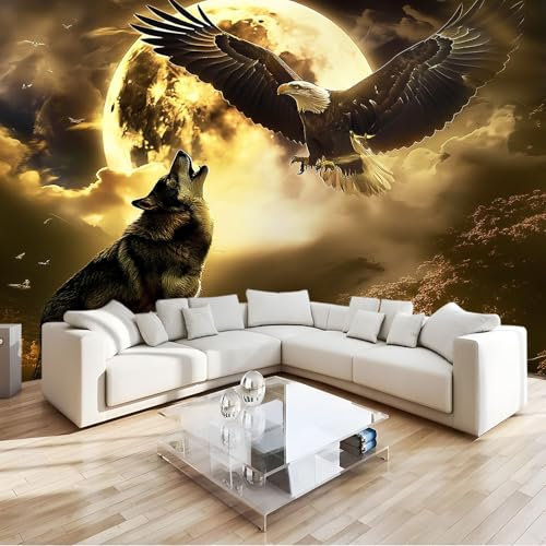 Papier Peint Panoramique Art Numérique Clair De Lune Aigle Loup 300 x 210 cm Poster Murale 3D, Tapisserie Photo Peinture Murale, Papier Peint Intissé Fresque pour Salon Chambre Toile Fond TV