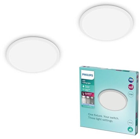 Philips LED Badezimmer Deckenleuchte Superslim, weiß, 15W, neutralweißes Licht 4.000K, 3 Lichteinstellungen - dimmen ohne Dimmer, IP44 Schutz, Doppelpack