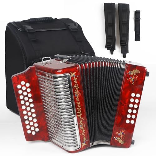 Acordeón, acordeón diatónico de 31 teclas y 12 bases F/B/E, instrumentos de acordeón diatónico, para adultos con funda de transporte, correa (diamante de imitación integrado), azul y rojo
