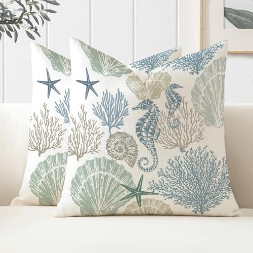 Miuyunya 2er Set Outdoor Kissen 40x40 cm Wetterfest Blau Maritim Kissenbezug Frühling Sommer Wasserfest Kissenbezüge Retro Seestern Hippocampus Sofa Dekokissen Kissenhülle für Garten Sofakissen