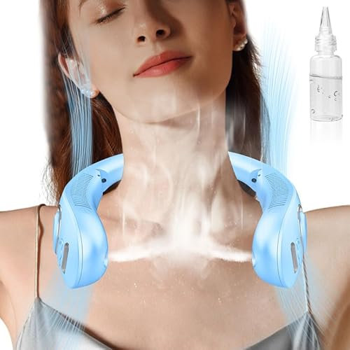 Rechargeable Neck Fan with Water Mist Spray,Mini Usb Headphones Face Fan Folding 4000mah Portable Personal Chargeable Battery Operated Fan, Hands Free Wearable Fan,Leafless Fans Cooling Silent Blue
