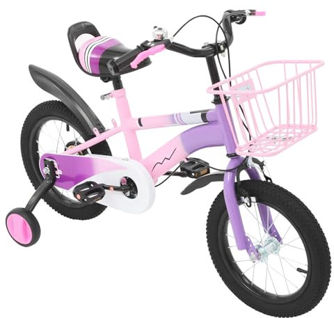 CUMELLIIR Vélo pour enfant 14 pouces garçons et filles, vélo avec roues stabilisatrices et panier, réglage de la hauteur, vélo en acier au carbone pour enfants à partir de 3, 4, 5, 6 ans, violet