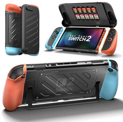 JSAUX Geteilte Griffhülle für Switch 2 mit Frontabdeckung - Blau & Orange | Sturzschutz, Dockfähig, Ergonomischer Rutschfester Griff, Ständerzugang, PC-Frontabdeckung, TPU-Mittelrahmen, 10 Karten