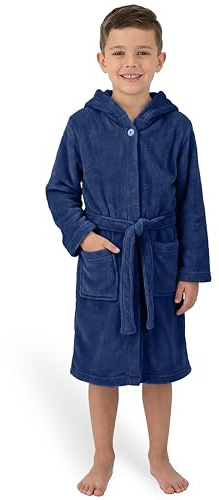 Gräfenstayn Bademantel Kinder & Teenager aus Fleece mit Knopf und Kapuze– OEKO-TEX 100 – Flauschiger Kinderbademantel für Jungen & Mädchen (146-152 dunkelblau)
