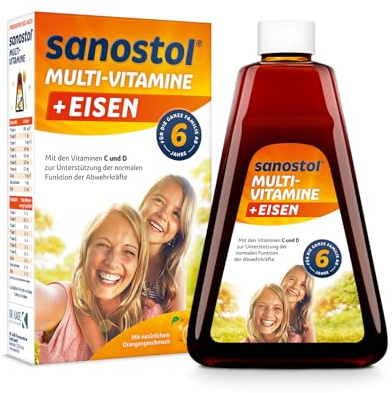 Sanostol® plus Eisen mit 9 wichtigen Vitaminen, 460 ml | Enthält bioverfügbares Eisen in Form von Eisen(II)-gluconat, das zur normalen kognitiven Entwicklung von Kindern beiträgt