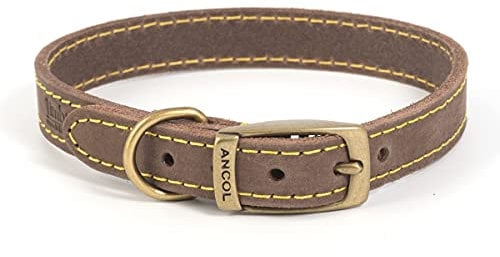 Ancol Timberwolf Bonded Thread Leather Dog Collar - Sable - Premium Bridle Leather with Antique Gold Buckle - Water and Dirt Resistant - 28-36cm Size 3