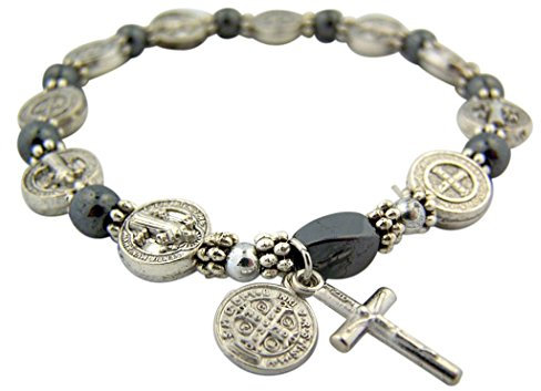 Silbernes Rosenkranz-Armband, St. Benedikt-Medaille, Hämatit, 19 cm (7 1/2 Zoll)