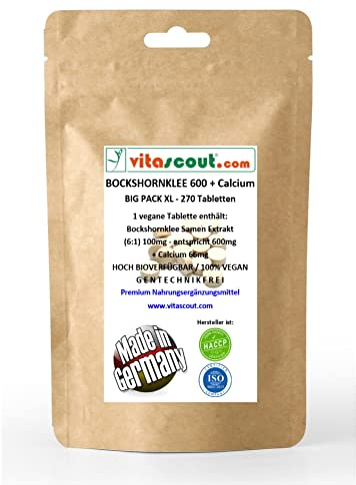 Bockshornklee/Fenugreek-Extrakt 600mg aktiviert + 66mg Calcium – 270 vegane Tabletten (100mg 6:1 Extrakt entspricht 600mg Pulver pro Tablette) - LABORGEPRÜFT - 100% GENTECHNIKFREI