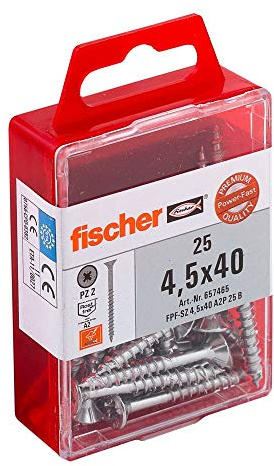 fischer Power-Fast FPF-SZ 4,5 x 40 A2P 25 B - Premium Spanplattenschrauben mit Senkkopf und Teilgewinde, zur Befestigung von tragenden Bauteilen in Holz, nicht rostender Stahl - 25 Stück - Art.-Nr. 657465