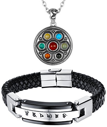Aroncent Mantra Kette Anhänger Armband: 2 PCS Lederarmband Herren Edelstahl Armband Schwarz Armreif mit Gravur Magnetverschluss Wickelarmband Buddha Halskette für Herren Damen