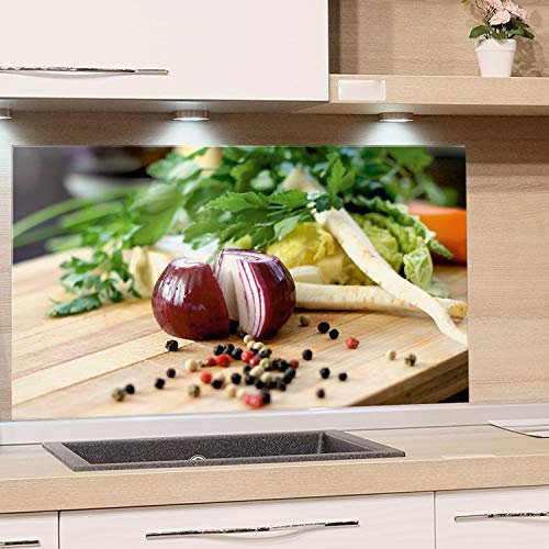 GRAZDesign Küchenrückwand Glas Zwiebel mit Kräuter Spritzschutz Herd | Druck hinter Glas | Bild Motiv Gewürze Rückwand Küche, Glasplatte mit Motiv Küchenmotive, 60x40cm