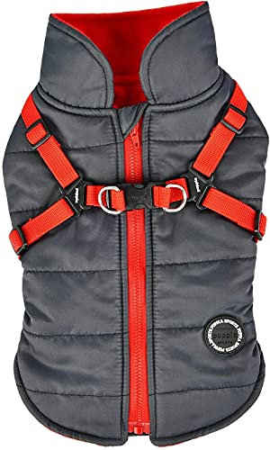 Puppia Hochwertiger Hundemantel für kleine Hunde und mittelgroße Hunde - wasserdicht und mit Fleece gefüttert für angenehme Wärme - Hundemantel mit Geschirr, Grau, XL