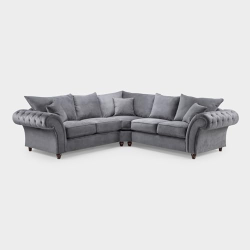 Honeypot | Windsor Fullback Grey Large Corner Sofa – Soft Fabric Upholstered Spacious Corner Couch with Deep Cushions, Family-Size Modern Living Room Seating