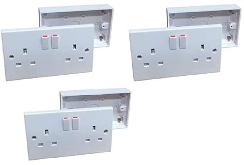 Double Wall Socket & Back Box Pattress/Twin 2 Gang Switched Plug Electrical Pack of 3
