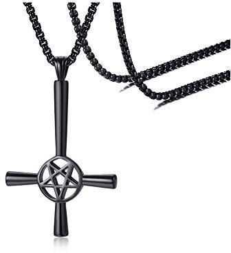 Herren Gothic Pentagramm Satanische Halskette : Edelstahl Pentagramm Satanic Satan Pagan Wiccan Inverted Cross Anhänger Halskette für Männer Halloween Weihnachten Geschenk, 24 Rollenkette ,Schwarz