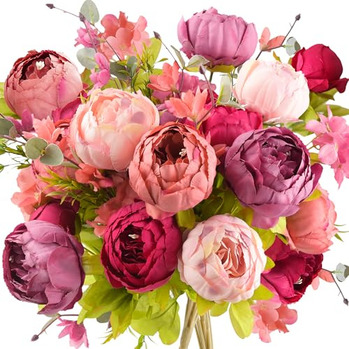 FiveSeasonStuff Künstliche Pfingstrosen im Vintage-Stil, Seidenblumen und Hortensien für Hochzeit, Braut, Heimdekor, schönes Blumen-Mittelstück, Arrangement, Dekoration mit 2 Blumensträußen