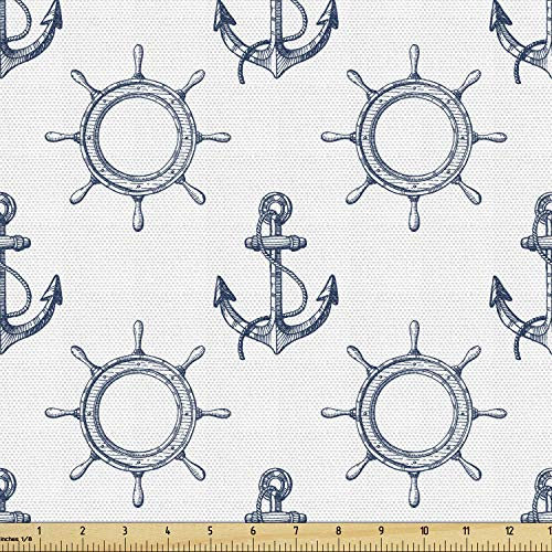 Lunarable Schiffsrad-Stoff von The Yard, Anker und Lenkräder Muster Piraten Matrosen Marine Themed Print Dekostoff für Polster und Home Accents 2 Yard Weiß Blau
