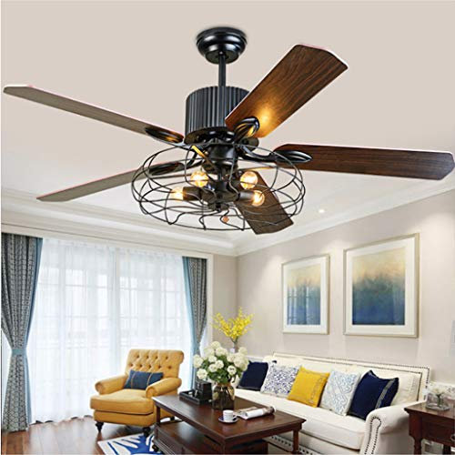 Retro Ceiling Fans with Lighting E27*5 Wooden Blade Ceiling Light with Fan Light Can Timing Fan 3 Files Adjustable Wind Speed with Remote Control Ultra Quiet Dining Room Chandelier Decorative Lighting