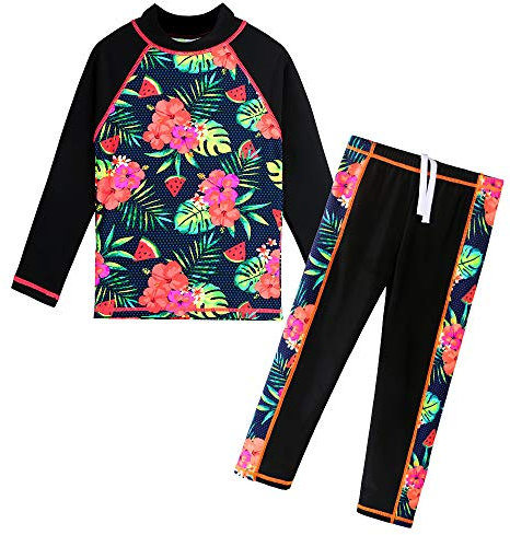 ZNYUNE Girls 2PCS Leaves Printed Swimwear Long Sleeve Swimsuit Set Kids Bathing Suit Swimming Costume for Age 3 to 10 Years S301 BlackFlower 14A