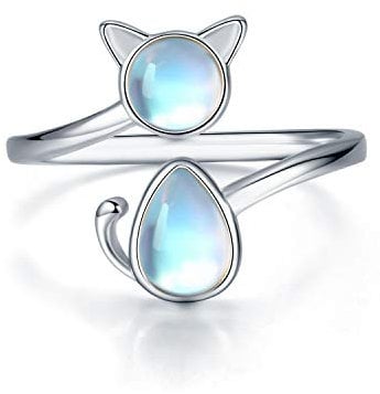 Katze Mondstein Ring 925 Silber Mondstein Ring Verstellbar Katzen Ring Stimmungsring Mädchen für Frauen, Katzen Schmuck Tier Katze Geschenke für Kinder Frauen Damen