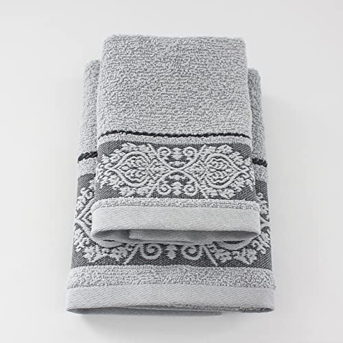 Jenny Sesal Set Asciugamani KATIA, con Balza in Jacquard, Set di due asciugamani da bagno Viso e Ospite GRIGIO CHIARO Spugna di alta qualità proveniente da Portogallo.