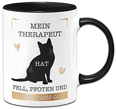 Tassenbrennerei Katzentasse mit Spruch Mein Therapeut hat Fell, Pfoten und ein Herz aus Gold - Kaffeetasse als Geschenk Katzenbesitzer (Schwarz, Katze)