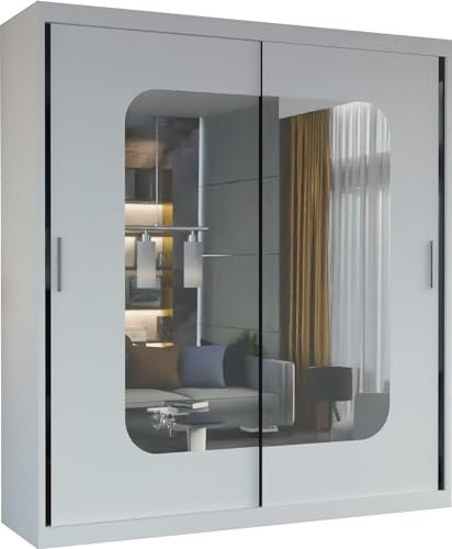 Modern Double Sliding Door Wardrobe 2 Mirrored Hanging Rails & Shelves Storage Cabinet for Bedroom (180cm, Marika White)