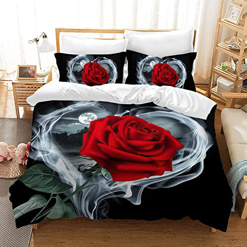 HZVRTN Bettwäsche 3D Rot Rose Bettbezug Set mit Reißverschluss und 2 Kissenbezug, Mikrofaser Kreative Rose Bettwäsche Set 3 Teilig für Erwachsene Kinder (200x200cm, Herzförmige Rose)