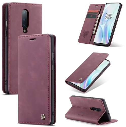 SLWYF Handyhülle für OnePlus 8 Hülle, PU Leder Flip Tasche Klappbar Magnet Wallet Lederhülle, Silikon Bumper Klapphülle Case mit Kartenfäch für OnePlus 8, Rot