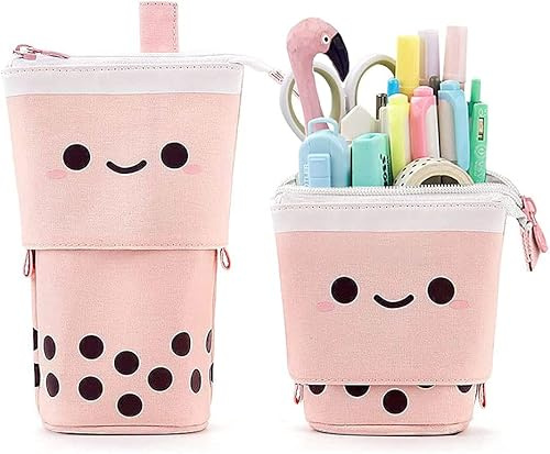 SoulQool Boba Stehendes Federmäppchen, Pop-Up-Bleistiftbox, Make-up-Tasche, Stand-Up-Bubble-Tea-Stifthalter, Organizer, Kosmetiktasche, Kawaii-Lächeln-Gesicht, Schreibwaren, rose, Kompakt