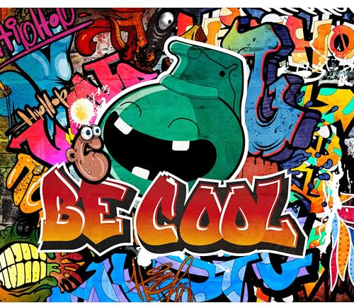 decomonkey - Papier Peint Panoramique Adhésif Street art Graffiti 441x315 cm - Beige orange turquoise bleu - Graffiti, motif graphique coloré, inscriptions en anglais, adolescent