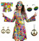 MRYUWB 70er-Hippie-Kleid-Kostüm für Damen, mit Halskette, Ohrringe, Sonnenbrille, Disco-Kostüm, 60er-Party-Kostüm, Halloween Retro-Kleider (Vintage-Kleid mit Liebe- und Frieden-Muster, S)