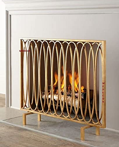 CAZARU Kaminschirme, Moderne ovale Schlaufen, Kamin-Kaminschirm, antikes Gold, Flachpaneel, geometrisch, 40 Zoll breit, Kaminschirm, Flache Kaminschirme, dekorativ