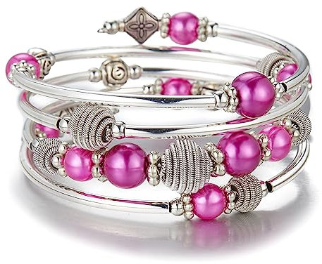 Bulinlin Silber Wickelarmband mit Naturstein Perlen Boho Mehrschichtiges Damen Armbänder Geburtstags Modegeschenk für Frauen (Fuchsie)