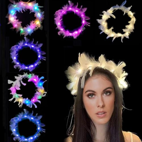 LED Fleur Guirlande Cheveux, 6 Pieces Guirlande De Plumes Bandeau, Guirlande De Plumes Lumineuses Pour Femmes Filles Adultes Enfants Fête De Mariage Festival Accessoires Photo Props(6 Couleurs)