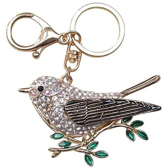 Taschenschmuck, Schlüsselanhänger Vogel im Spatzenstil aus vergoldetem Stahl und Kristall-Strass., mehrfarbig, 10 x 8 cm