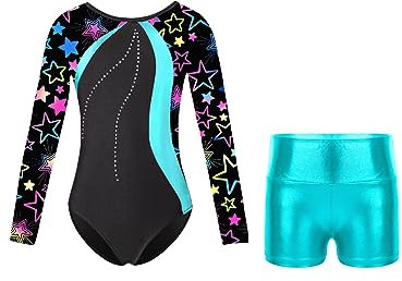 iEFiEL Mädchen Turnanzug Gymnastik Trikotanzug Glänzende Tanzbekleidung Set Klassisch Gymnastikanzug Langarm Tanzbody Xb Blau Grün 110-116