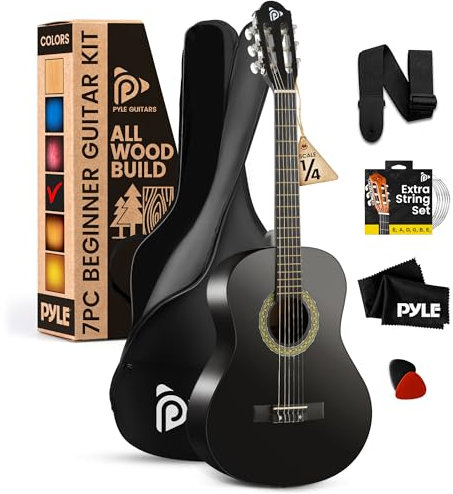 Pyle 3/4 Gitarre Kinder ab 8 Jahre – Classic Guitar Acoustic for Children, Konzertgitarre mit Gitarre Set, Gitarren Tasche und Tuner. Akustische Gitarre für Anfänger &Fortgeschrittene, Gitarre schwarz