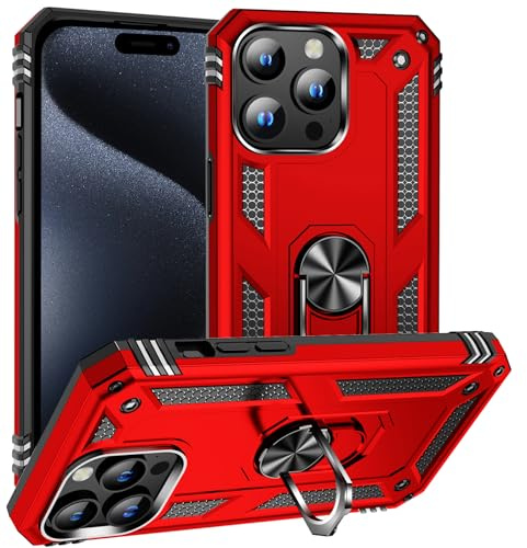 BestST Handyhülle für iPhone 15 Pro Max + Displayschutz, Cover für iPhone 15 Pro Max hülle, 360 Grad Drehbar Ringhalter Handytasche Case für iPhone 15 Pro Max Handy Hüllen,Rot