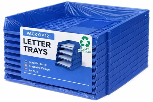 Deflecto A4 Pk of 12 x Essential Letter Tray In Blue, A4 paper tray organiser, letter organiser storage, desk trays - CP043YTBLUX12 - Pk of 12