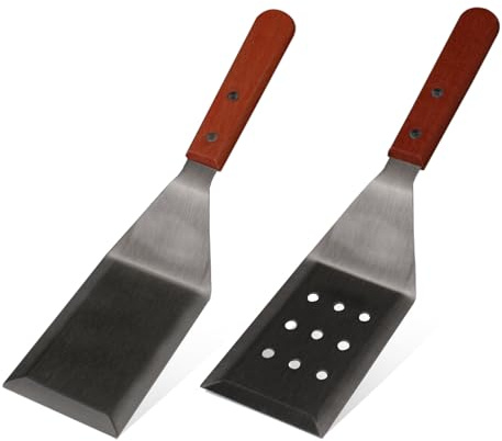 Realand Metal Spatula for Cooking Cast Iron, 2pcs Griddle Spatula Heavy Duty Stainless Steel Spatula Set, Flat Grill Spatula Fish Burger Spatula Turner for Kitchen Use, Strong Brown Handle