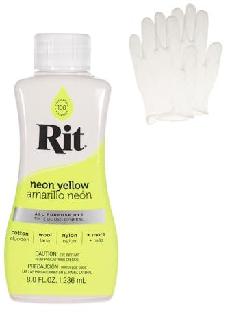 Rit Dye - Tinte líquido para tela, para manualidades, ropa y decoración, botella de 8 onzas, amarillo neón (guantes incluidos)