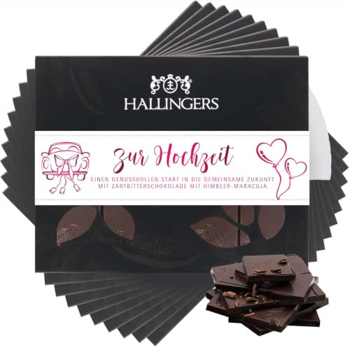 Hallingers Genuss Manufaktur Vegane Schokolade Liebes-Geschenk - Tafel handgeschöpfter Edelkakao ohne Alkohol edler Karton 10x Zur Hochzeit Himbeer-Maracuja, Geschenkidee für Brautpaar