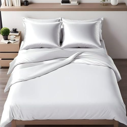 Cozyor Wende-Bettwäsche 155x200 cm glänzend matt, Satin & Mikrofaser, extra dick und weich mit robustem Reißverschluss, 1x Deckenbezug + 2X Kissenbezug 80x80 cm, 3-teilig, weiß Purity