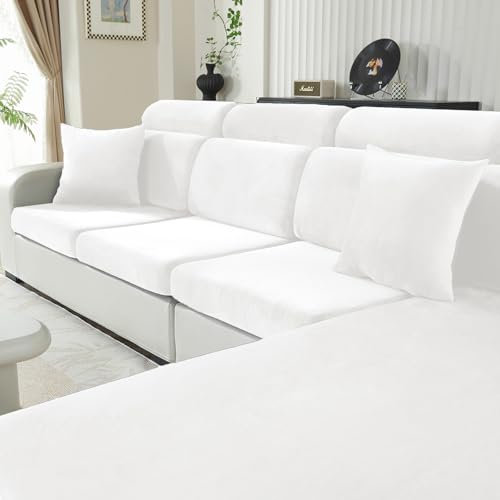 CYCMACO Samt Sitzkissenbezug, Stretch Sofa Sitzkissenbezug rutschfest, Universal Sofa Überzug Wohnzimmer, Elastischer Kissenbezüge, Waschbare(3-Sitzer, Weiß)